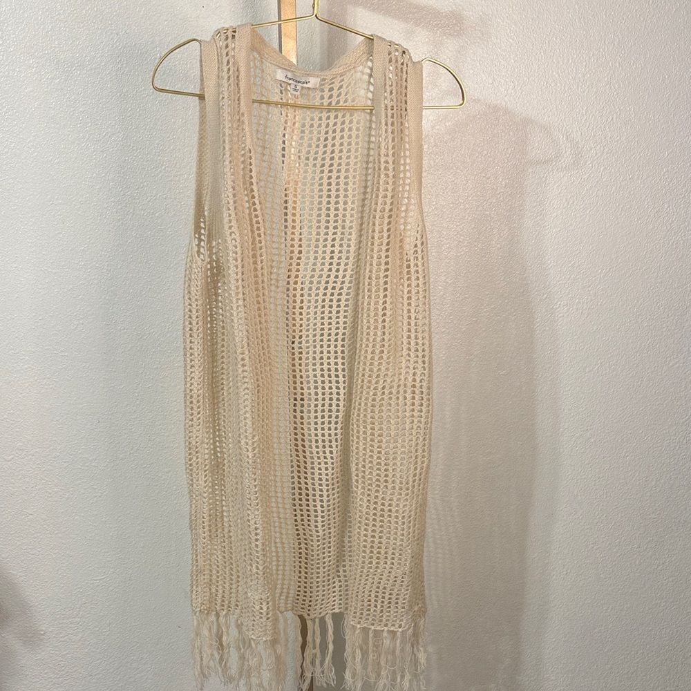 Francesca's Cream Knit long length Vest with fringe- Small